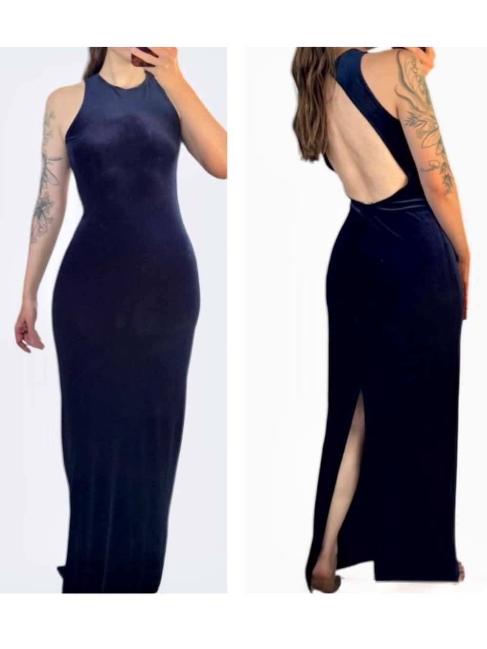 Vintage Y2K Shelli Segal Navy Velour Open Back Maxi Dress Size 6